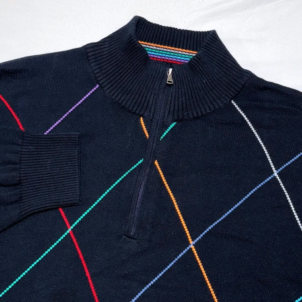 Alan Flusser Argyle Sweater Mens Large Navy Rainbow 1/4 Zip Cotton Knit Pullover